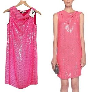 NWT DVF Silk Y2K Neon Barbie Pink Sequin Cowl Neck Sleeveless Disco Mini Dress 0